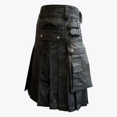 Black Leather Kilt with Cargo Pockets