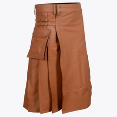 Brown Leather Utility Kilt For Men