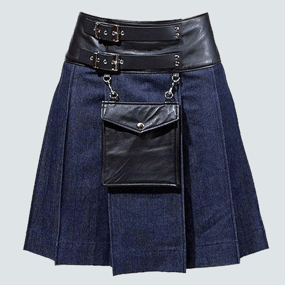 Black Style Leather Denim Kilt - Kilt Kingdom