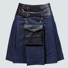 Black Style Leather Denim Kilt