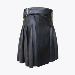 Black Leather Pleated Kilt For Men