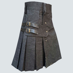 Black Denim Leather Strip Kilt For Men