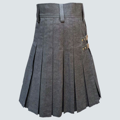 Black Denim Leather Strip Kilt For Men