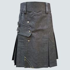 Black Denim Leather Strip Kilt For Men