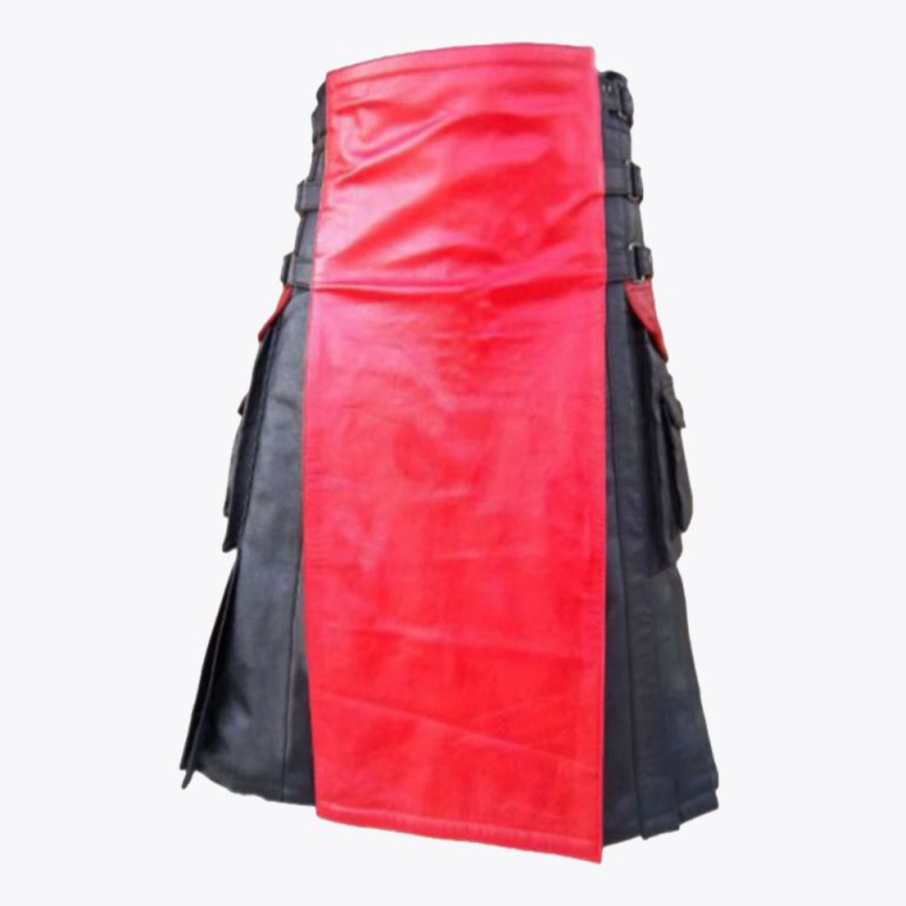 Black & Red Leather Kilt For Men