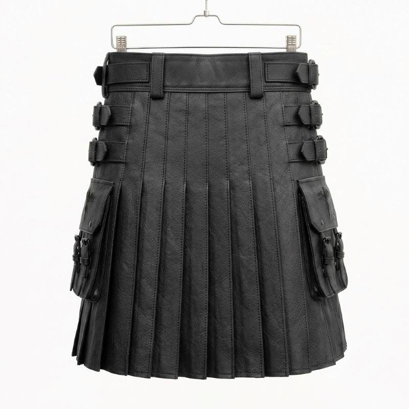 Men's gothic black leather utility kilt featuring side cargo pockets, metal buckles, and pleated panels against a white background.