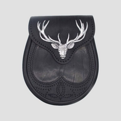 Black Stag Head Leather Sporran With Free Chain Belt