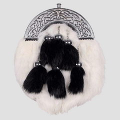 Chrome Celtic Cantle White Rabbit Sporran With 6 Black Fur Tassels